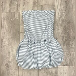 Blue and White Gingham Bubble Skirt Strapless Dress